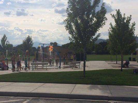 Splash pad from a distance and restrooms