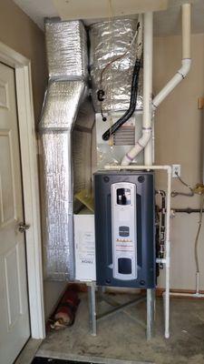 New American Standard 96% efficient furnace installed in a garage.