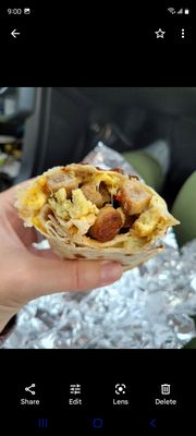 Inside sausage breakfast burrito