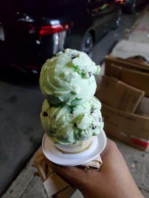 JR size mint chocolate chip ice cream in a cone.