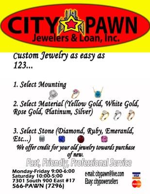 Custom jewelry available below wholesale.