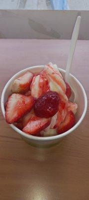 strawberry banana with cheesecake yogurt, fresh strawberries,  & strawberry syrup,