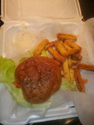 Black bean burger with veggie fries