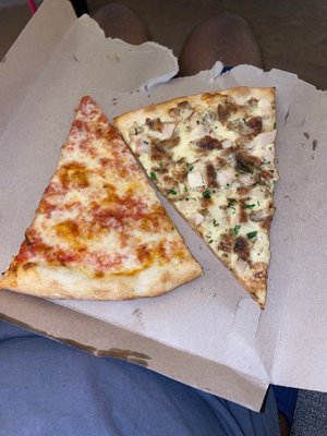 Chicken Alfredo pizza and plain slice