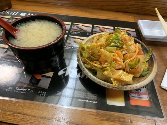 Miso soup and Korean style salad