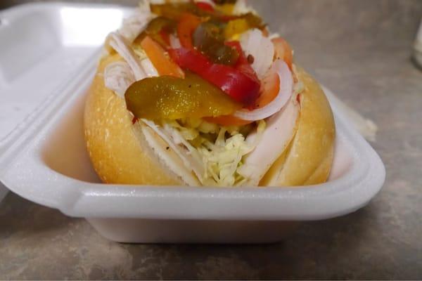 This is the turkey, provolone with sweet pepper hoagie.