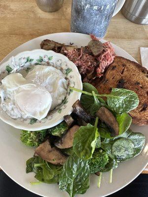 Poached eggs, veggies, and hash. DELICIOUS