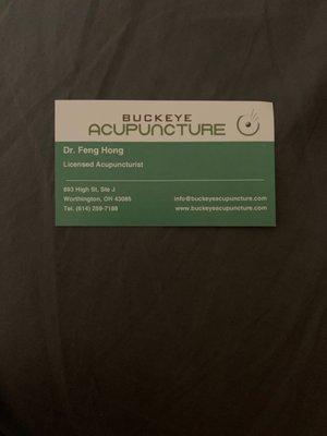 Business card from Buckeye Acupuncture  Best I've been to in Michigan & Ohio!