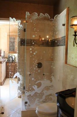 Carved and Etched Shower Glass Enclosure