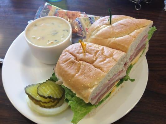 Sub with chowder. Chowder is divine. Sub is great too but may be better if toasted.