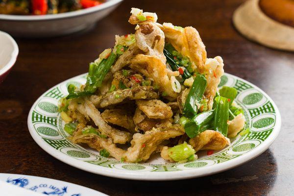 Crispy Sichuan Oyster Mushrooms, green peppercorns, chili oil, wok fired salt