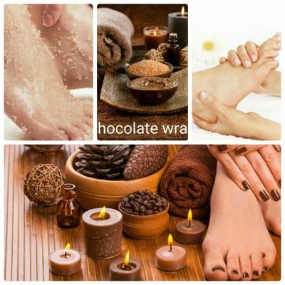 Full exfoliation body with coffee, green tea and guarana, salts. Chocolate mask wrap and relaxing massage with champagne oil.