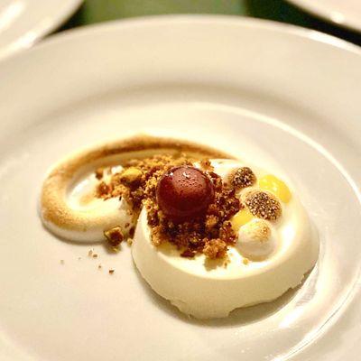 lemon panna cotta & curd, burnt meringue, pomegranate sphere