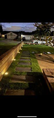 Artificial turf, front yard lighting, cement blocks, DG