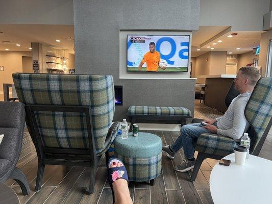 Watching World Cup soccer in the Lobby area