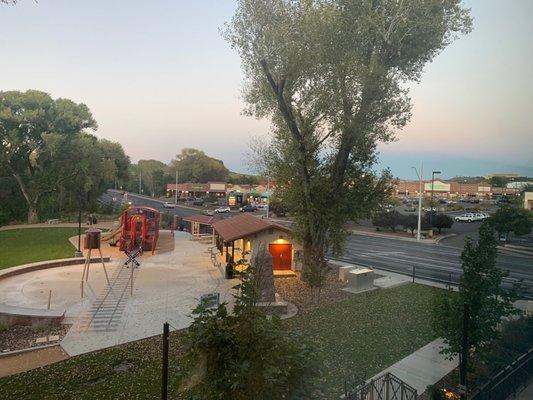 From a elevated position, Jamba on the corner next to Cinnabon.