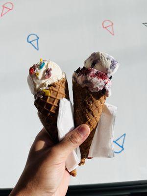 Split scoops of Fruity Pebbles + Rain or Shine (left) and Hello Summer + Red, White and Blue (right) on brown sugar waffle cones