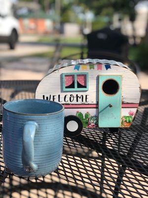 Enjoying coffee on our patio site!