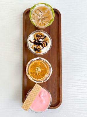 June Flights From top to bottom:  Sweet pistachio, Salted Caramel, Orange Cinnamon, Strawberry Shortcake