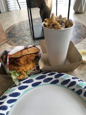 Chicken club with fries and side of honey mustard