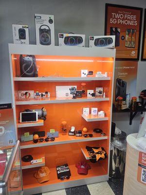 We have speaker, Bluetooth, Galaxy Buds,Car chargers,Home  Charger, Iphone cable and type C.