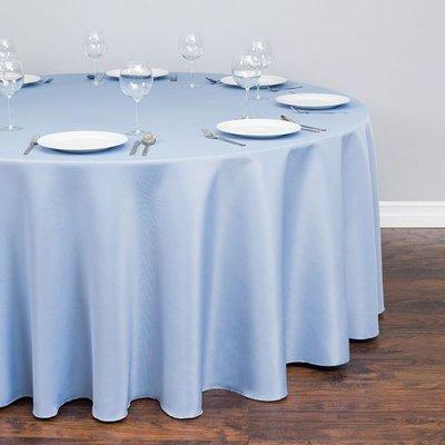 A light blue 120 inch round polyester tablecloth features a serged hem, seamless design, and durable fabric quality!