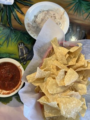 Chips and salsa and bean dip