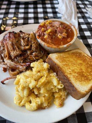 Bbq pork sandwich, mac & cheese and Brunswick stew.