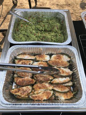 Home made Guacamole and home oven baked Chili Poppers