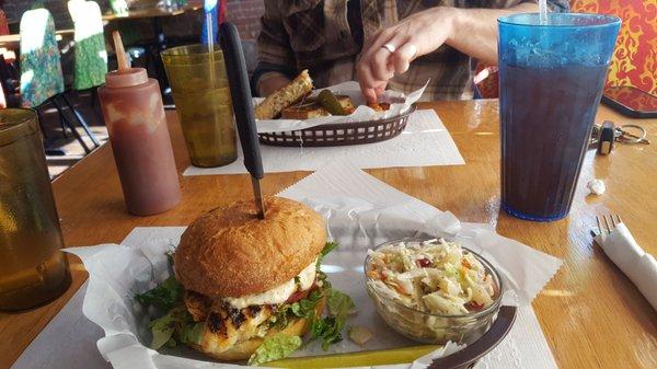 Grouper sandwhich and slaw, lobster and crab Reuben in the background