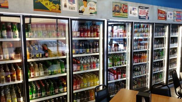 Large selection of less common sodas all cold in the fridge.