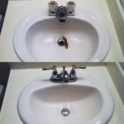 Top: Old faucet and rusted metal sink. Bottom: New faucet, white porcelain sink, new angle stops, water lines, and new drains