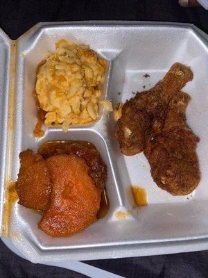 Chicken legs, yams, & Mac n cheese