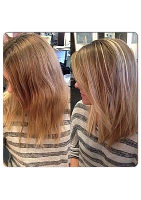 Before and after we did Balyage on Hannah #balyage #hairbynorelle #blondehigjlights #blondebalyage