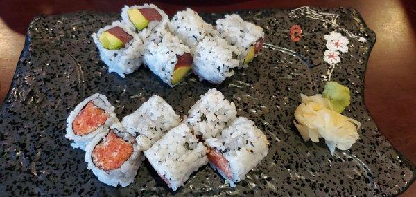 Tuna avacado roll and spicy salmon roll