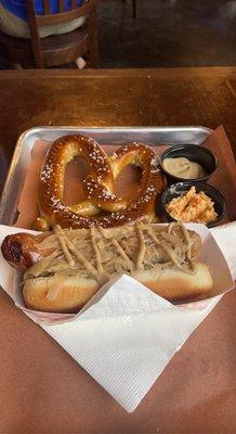 Brats and pretzel. The cheese and mustard were awesome. The brat was delish. I love sauerkraut so I would have liked more