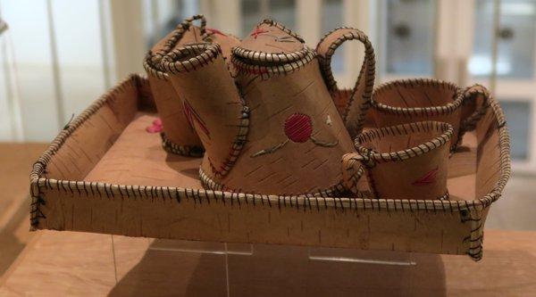 Birch bark tea service; Canada, Ojibwe culture; circa 1960-69; birch bark, coiled sweet grass, quills