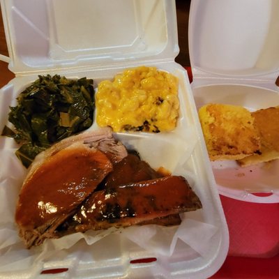 Brisket, bbq ribs, collard greens with ham and mac & cheese.