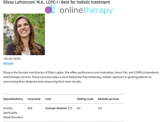 Elissa Lafranconi, Ranked #1 For Holistic Therapy by Onlinetherapy.com