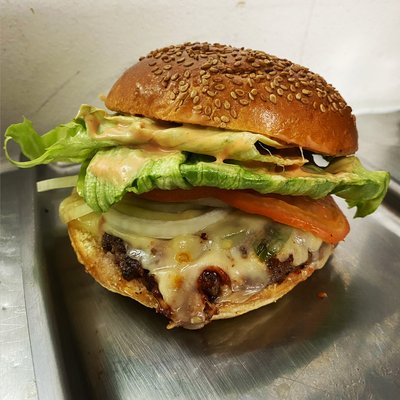 Floyd's burger topped with pepper jack cheese