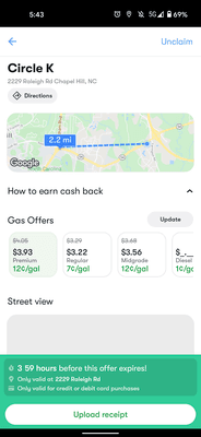 This Circle K is currently offering free cash back via GetUpside. In GetUpside, the street address is correct, but the map location is not.