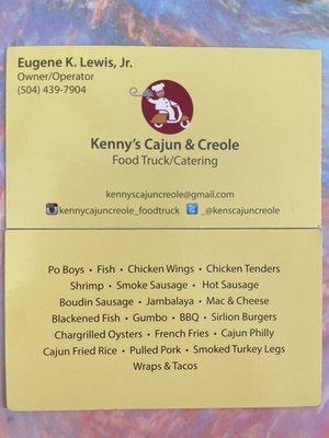 Contact info for catering and what they offer! IG is outdated, to find where they are for the day follow @kennyscajuncreole_onthegeaux