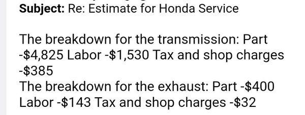 This is the estimate sent to me from Honda of Annapolis.