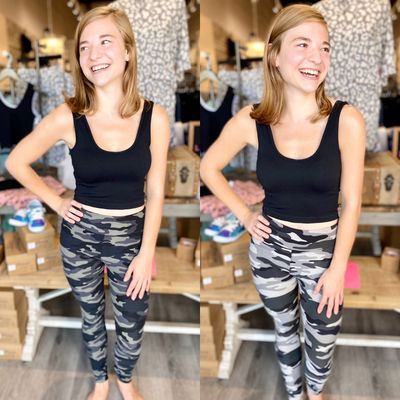 Buttery soft camo leggings. Available in Black/Grey Camo and Black/White Camo.