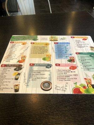 Boba menu on tables.