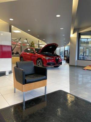 The waiting room for the dealership