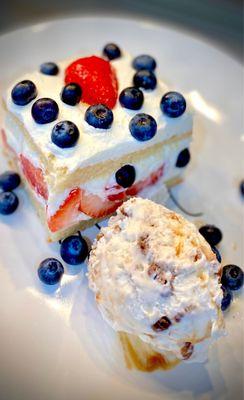 Short strawberry cake (blueberries put on at home) and Cheesecake brownie caramel ice cream-- Happy National Pastry Day!!