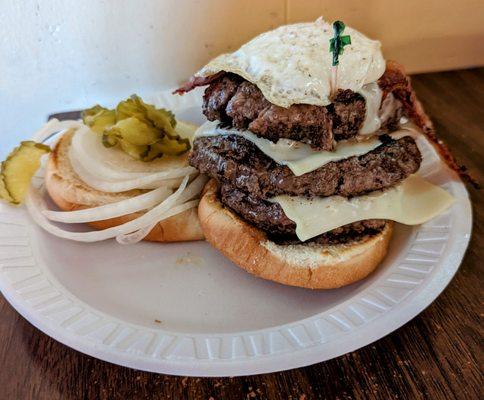 Triple cheeseburger with bacon & egg