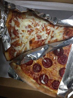 Pizza slices. Weird cheese