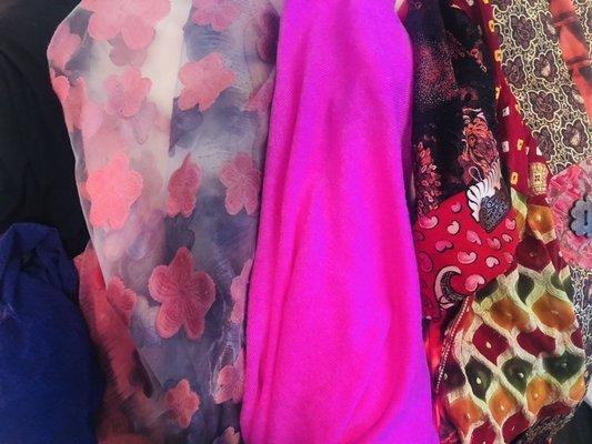 Softest leggings ever, sheer purple tie shrug, sheer floral wrap, bright pink cashmere wrap, AMAZING one-of-a-kind jacket!